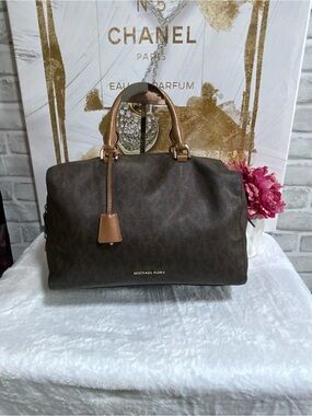 Michael Kors Dark Brown Monogram Satchel with Tan Handles